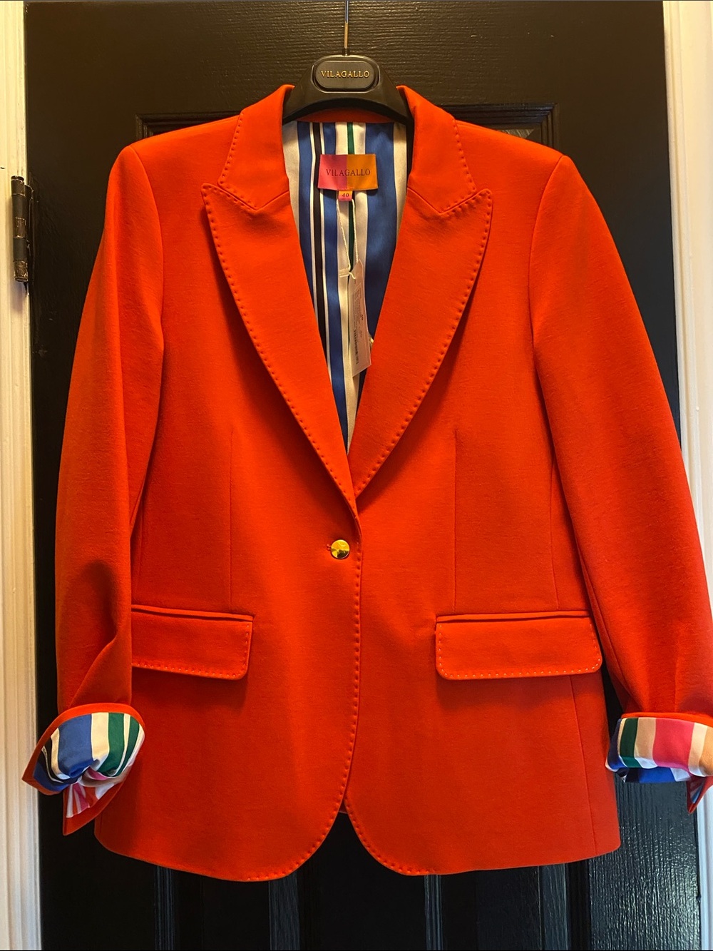 Vilagallo Vibrant Orange Single-Button Blazer with Striped Lining